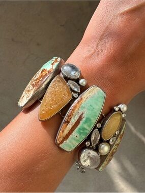 Sterling silver Mint Green Turquoise & Honey Druzy Statement Cuff Bracelet